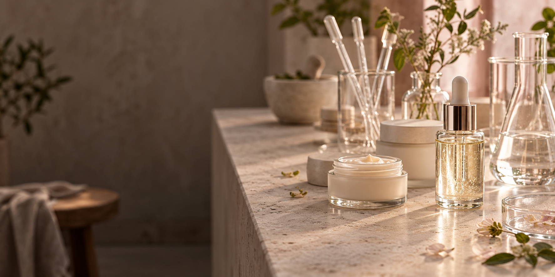 An elegant cosmetic formulation laboratory with unbranded cream jars, glass pipettes and a clear serum vessel on a pale stone bench, soft blush daylight